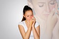 Toothache. Teeth problem. Woman feeling tooth pain. Closeup of beautiful sad girl suffering from strong tooth pain. Attractive fem Royalty Free Stock Photo