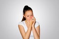 Toothache. Teeth problem. Woman feeling tooth pain. Closeup of beautiful sad girl suffering from strong tooth pain. Attractive fem Royalty Free Stock Photo