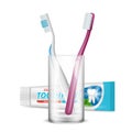 Toothbrush in glass. Dental daily protection morning hygiene plastic tube package for toothpaste vector realistic Royalty Free Stock Photo