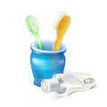 Toothbrush, glass and toothpaste