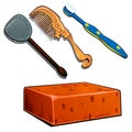 Toothbrush, hair brush, fly swatter and brick. Set of four items isolated on white. Vector in cartoon style