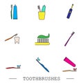 Toothbrush icon set. Teeth cleaning. Electric or conventional toothbrushes. Icon with editable stroke. Collection of color icons. Royalty Free Stock Photo