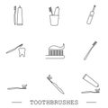 Toothbrush icon set. Teeth cleaning. Electric or conventional toothbrushes. Line with editable stroke. Collection of linear icons. Royalty Free Stock Photo