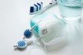 Toothbrush, mouthwash, floss and blue interdental brushes as equipment for daily dental care, prevention and hygiene Royalty Free Stock Photo