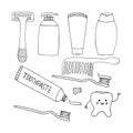 Toothbrush, paste, tooth, comb, shampoo, cream, razor, soap set icon, sticker. sketch hand drawn doodle. vector minimalism