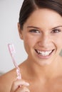 Toothbrush, smile and portrait of woman in bathroom for dental care, oral hygiene and cleaning. Healthcare, whitening