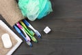 Toothbrush tooth-brush with bath towel on wooden table. top view with copy space Royalty Free Stock Photo