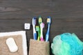 Toothbrush tooth-brush on wood table. top view Royalty Free Stock Photo