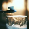 Toothbrush toothpaste bath glass closeup morning