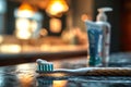 Toothbrush with Toothpaste in Bathroom Setting. Royalty Free Stock Photo
