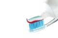 Toothbrush and toothpaste on blurred background. care for the oral cavity and teet