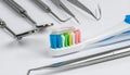 Toothbrush With Toothpaste And Dental Examination Tools On White Background hygiene Royalty Free Stock Photo