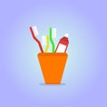 Toothbrush, toothpaste in a glass isolated on blue background flat illustration Royalty Free Stock Photo