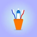 Toothbrush, toothpaste in a glass isolated on blue background flat illustration Royalty Free Stock Photo