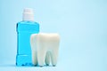 A toothbrush with toothpaste and mouthwash on blue background Royalty Free Stock Photo