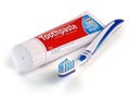 Toothbrush and tube of toothpaste isolated on white background. Royalty Free Stock Photo