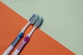 2 toothbrushes, blue and pink. Isolated on green and orange background. Royalty Free Stock Photo