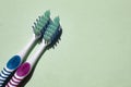 2 toothbrushes, blue and pink. Isolated on green and orange background.