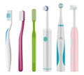 Toothbrushes. Brush for teeth mechanical and electrical type for daily dental hygiene vector realistic template