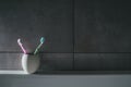 Toothbrushes in ceramic vase. interior; bath; toilet;