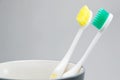 Toothbrushes in cup on white background Royalty Free Stock Photo