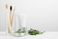 Toothbrushes, dental products and herbs on white wooden table. Space for text Royalty Free Stock Photo