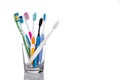 Toothbrushes with different head and bristle design placed in glass