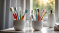 Toothbrushes glasses in the bathroom personal concept equipment Royalty Free Stock Photo