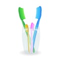 Toothbrushes in mug isolated on white background. Plastic toothbrushes in a glass holder.