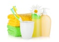 Toothbrushes, shampoo bottles, two towels and flower Royalty Free Stock Photo