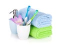 Toothbrushes, soap and two towels Royalty Free Stock Photo