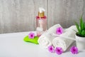 Toothbrushes, soap and two towels. Rose flowers aromatherapy home Royalty Free Stock Photo