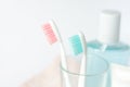 Toothbrushes, toothpaste, rinse and towel on white background. Royalty Free Stock Photo