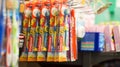 Toothbrushes and toothpaste are on the shelves of stores. Royalty Free Stock Photo