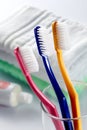 Toothbrushes, toothpaste and towels Royalty Free Stock Photo