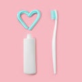 Toothbrushes and turquoise color toothpaste in shape of heart on pink background. Dental and healthcare concept. Royalty Free Stock Photo