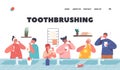 Toothbrushing Landing Page Template. Happy Kid Characters Brush Teeth. Children Dental Care, Oral Hygiene in Bathroom