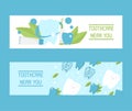 Toothcare near you set of banners vector illustration. Healthy tooth under protection with glowing effect, teeth