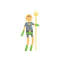 Toothless old man superhero standing and holding golden wand. Funny cartoon elderly character in hero costume with