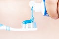 Toothpaste is applied to the toothbrush,tooth brushing in hand