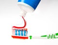 Toothpaste being squeezed onto toothbrush