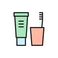 Toothpaste and brush, dental hygiene flat color line icon.