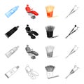 Toothpaste for dental care, an armchair, toothpicks, a tool, a mirror and a probe. Dental care set collection icons in Royalty Free Stock Photo