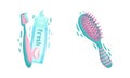 Toothpaste with Toothbrush and Hairbrush with Bristle Vector Set