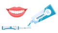 Toothpaste and toothbrush with smiling mouth, oral hygiene, medical and dentistry healthcare. Vector illustration in cartoon style Royalty Free Stock Photo