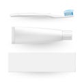 Toothpaste tube box and toothbrush with extruded dental paste empty realistic mockups