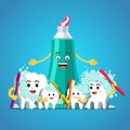 Toothpaste tube and happy teeth family characters