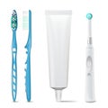 Toothpaste Tube, Plastic And Electric Toothbrush Vector. Mock Up For Branding Design. Isolated Dental Care Health Royalty Free Stock Photo