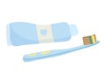 Toothpaste tube and toothbrush with bristles vector illustration. Dental care, hygiene products, morning routine concept