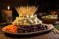 toothpick pile near a plate full of olive and cheese appetizers